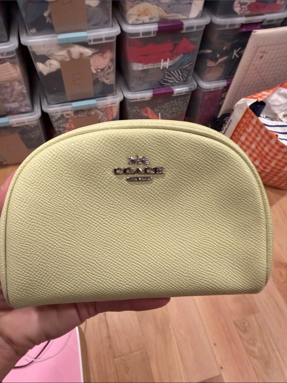Coach Light Yellow Leather Cosmetic Pouch with Silver Logo